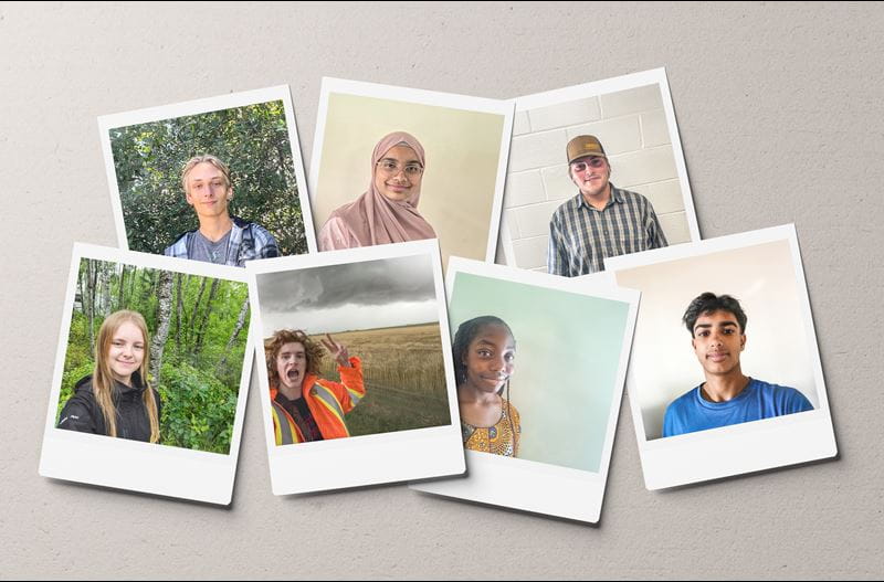 A collage of seven Polaroid-style photos, each featuring a different person in diverse settings.