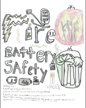 Illustration on battery safety with drawings of flames, a phone, and battery icons accompanied by safety tips.