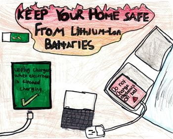An illustration highlighting fire safety tips for lithium-ion batteries, featuring warnings and instructions with drawings of chargers and a bed.