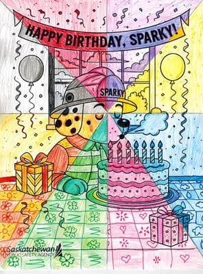 Coloured drawing of Smokey Bear and Sparky the Fire Dog wearing party hats beside a birthday cake and presents under a banner that says ‘Happy 75th Birthday.’