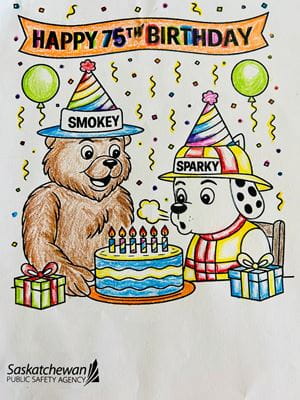 Coloured drawing of Sparky the Fire Dog at a birthday party with balloons, presents, and a cake under a banner that reads ‘Happy Birthday, Sparky!’