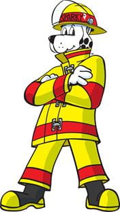Cartoon Sparky the Fire Dog in a yellow firefighter uniform with red accents, standing with crossed arms.